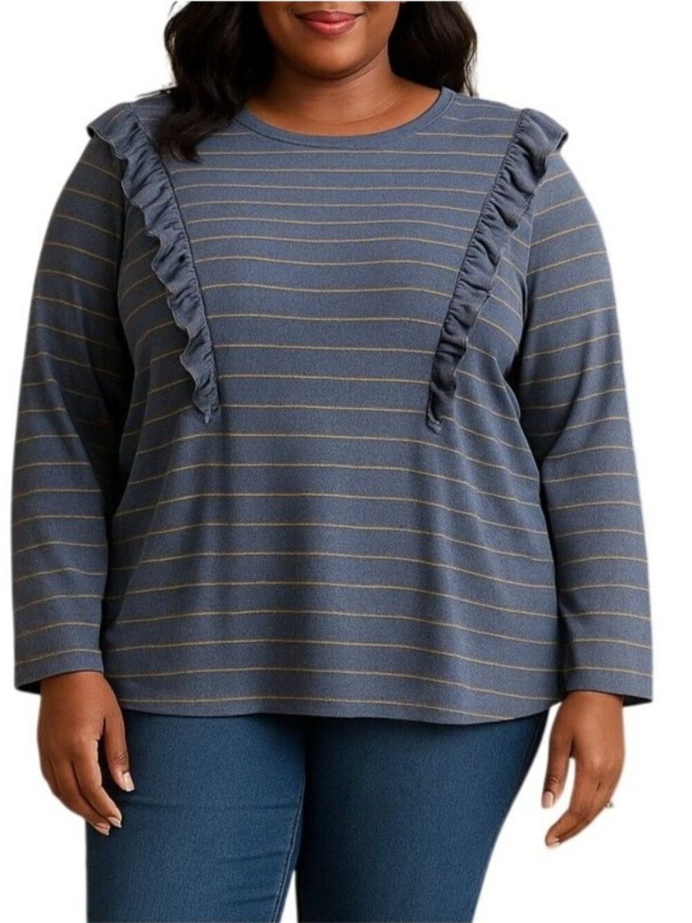 Terra & Sky Plus Size 3X Long-Sleeve Blue Top With Gold Stripes Ruffle Accents